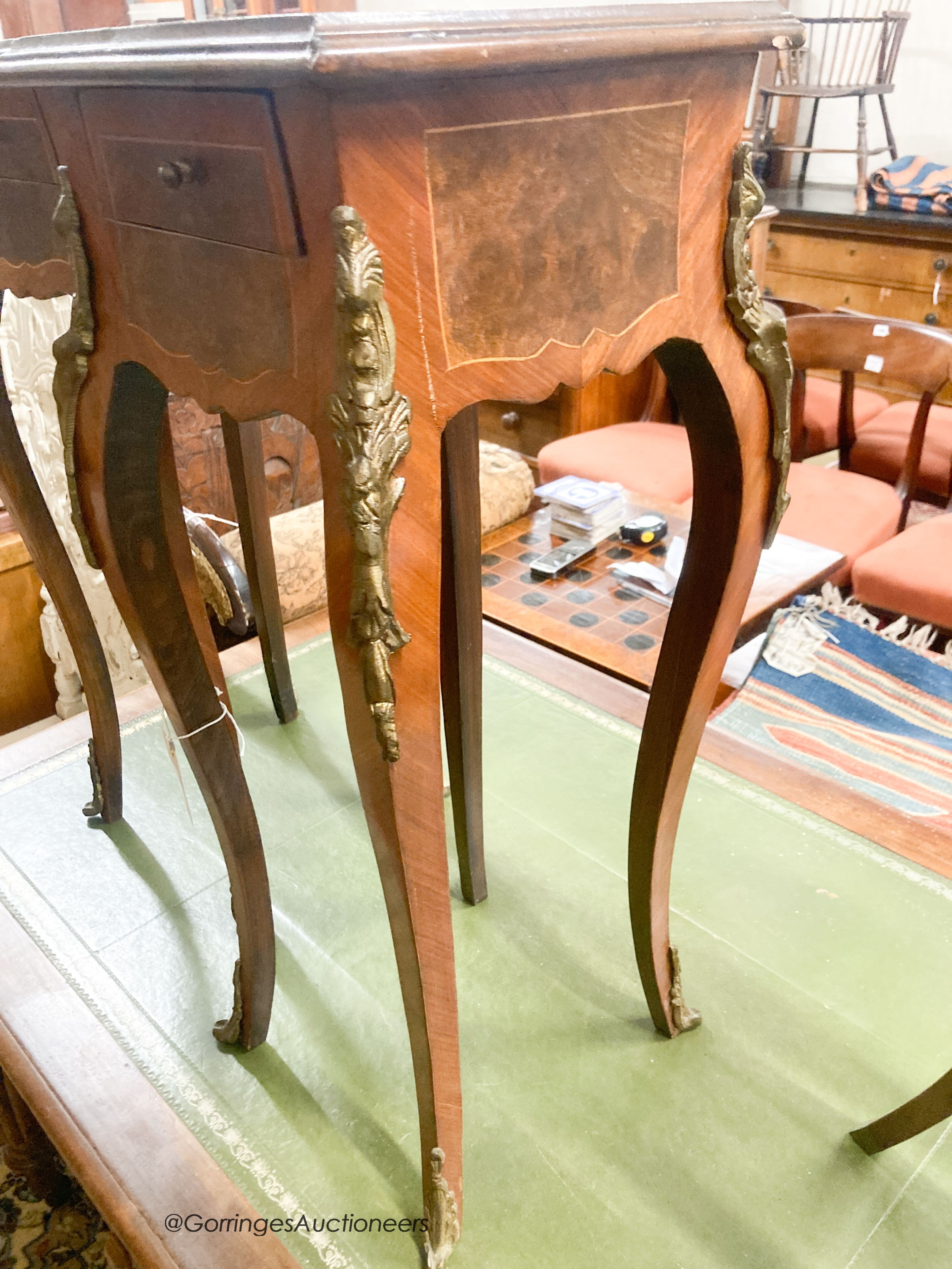 A pair of French style mahogany and walnut jardiniere stands, width 32cm, depth 32cm, height 76cm